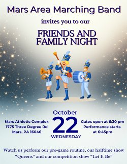 a flyer featuring three marching band members and a starry background